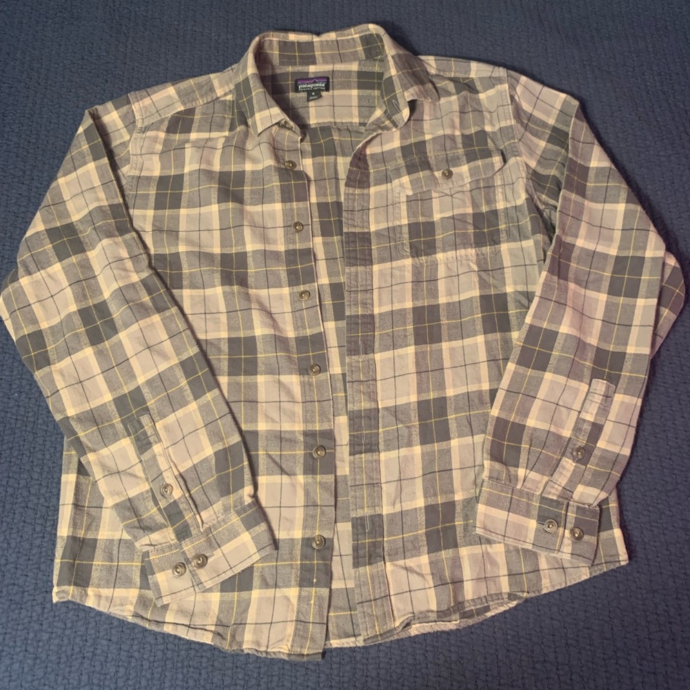Patagonia Flannel Shirt Mens Medium Long Sleeve Button Organic Cotton Plaid Tan